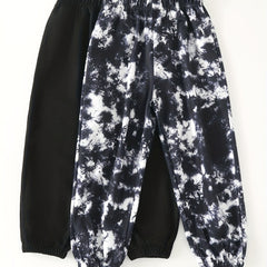 2pcs Girls' Casual Trousers Set Tie Dye Style And Solid Pants