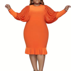 Solid Lantern Sleeve Ruffle Trim Dress