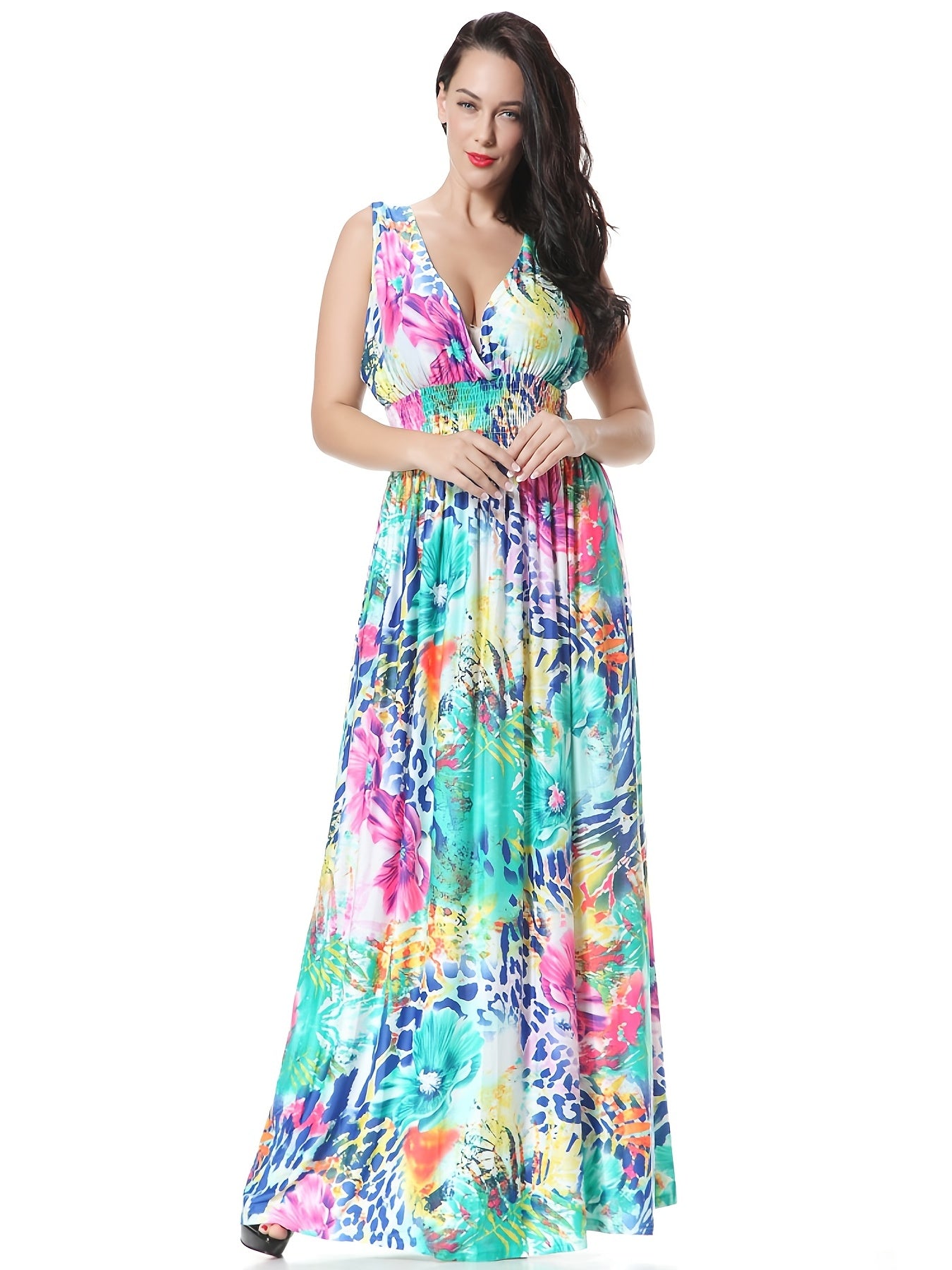 Floral Print Deep V Neck Maxi Dress Plus Size Sleeveless Medium Stretch