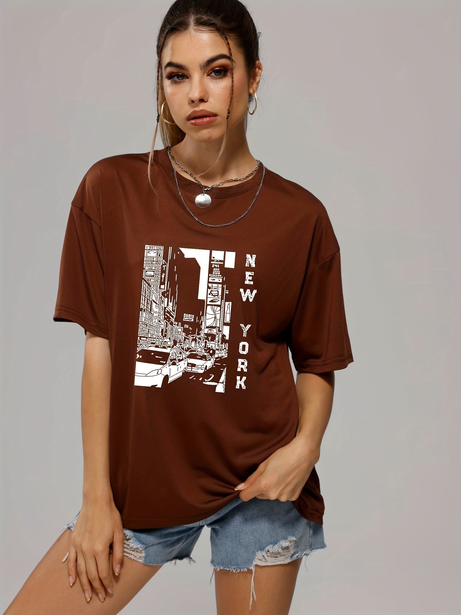 Retro Letter Print Pullover Tee Short Sleeve Shirt