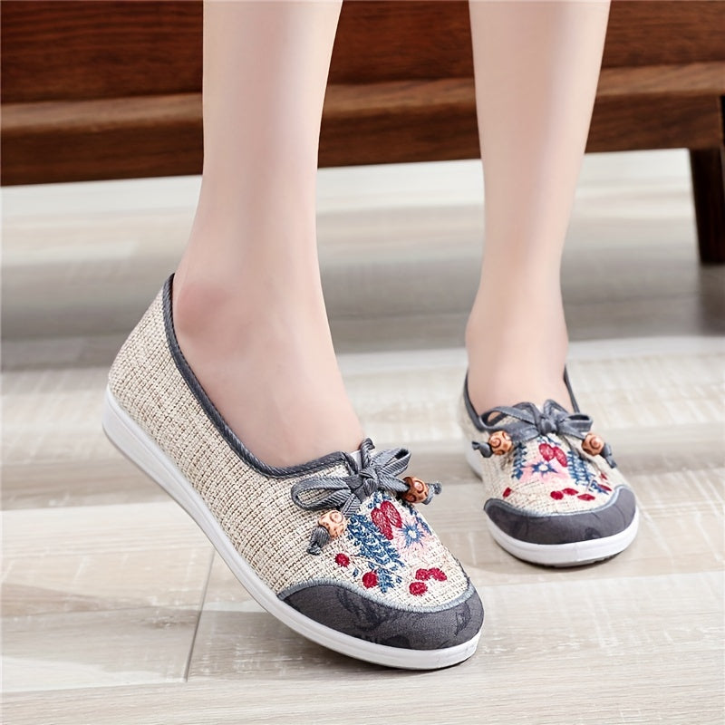 Women's Bowknot Floral Flat Shoes Slip On Low Top Tribal Style Flats
