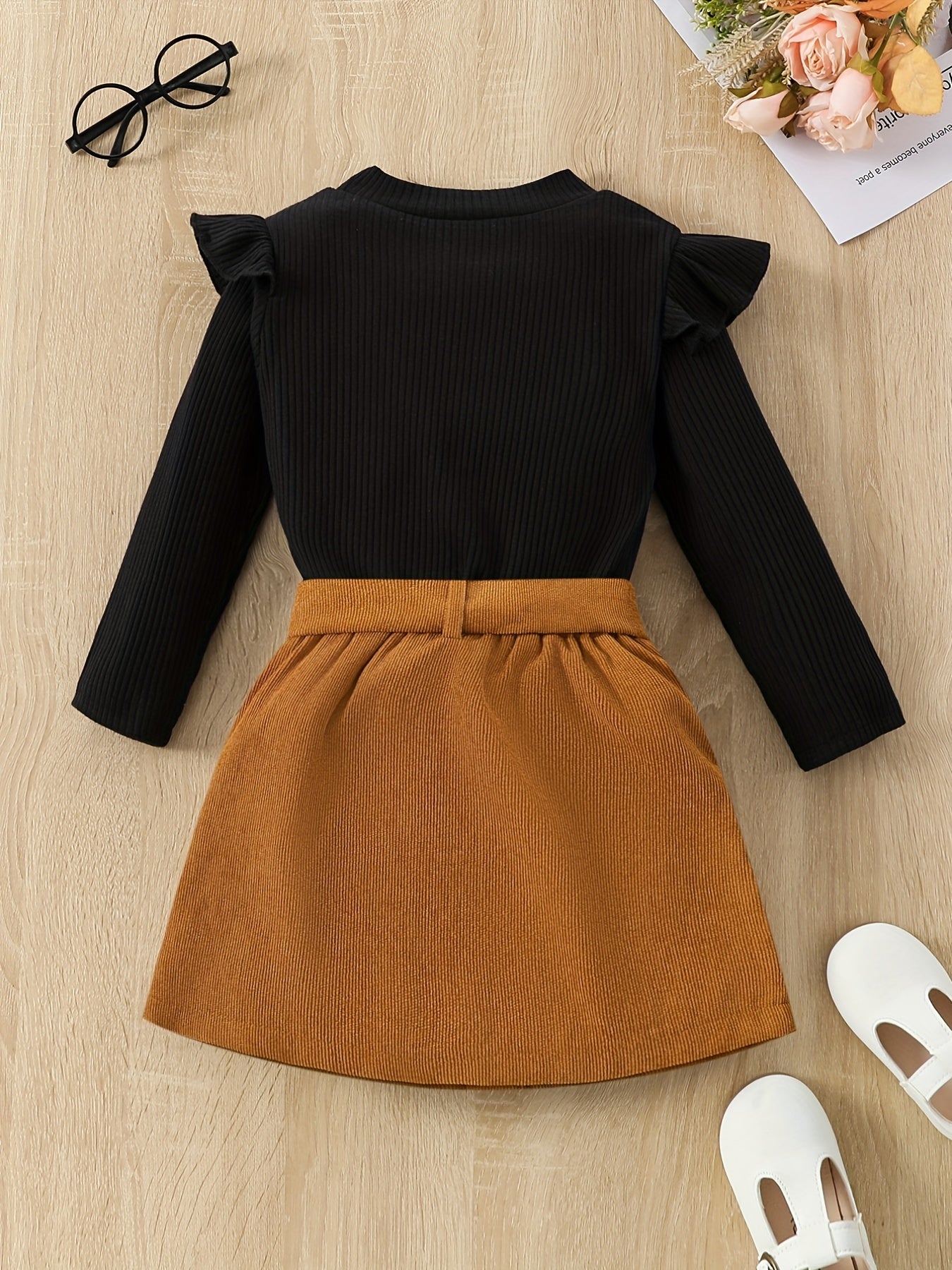 Girl's Corduroy 2pcs Ruffle Top & Skirt Set for Spring Autumn