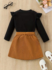 Girl's Corduroy 2pcs Ruffle Top & Skirt Set for Spring Autumn