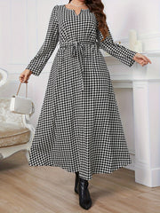 Houndstooth Print Long Sleeve Maxi Dress With Belt
