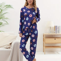 Donut Print Pajama Set Crew Neck Top & Pants Women's Sleepwear