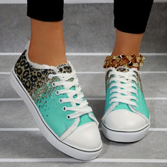 Leopard Print Canvas Shoes with Glitter Sequins Lace Up Lightweight Sneakers
