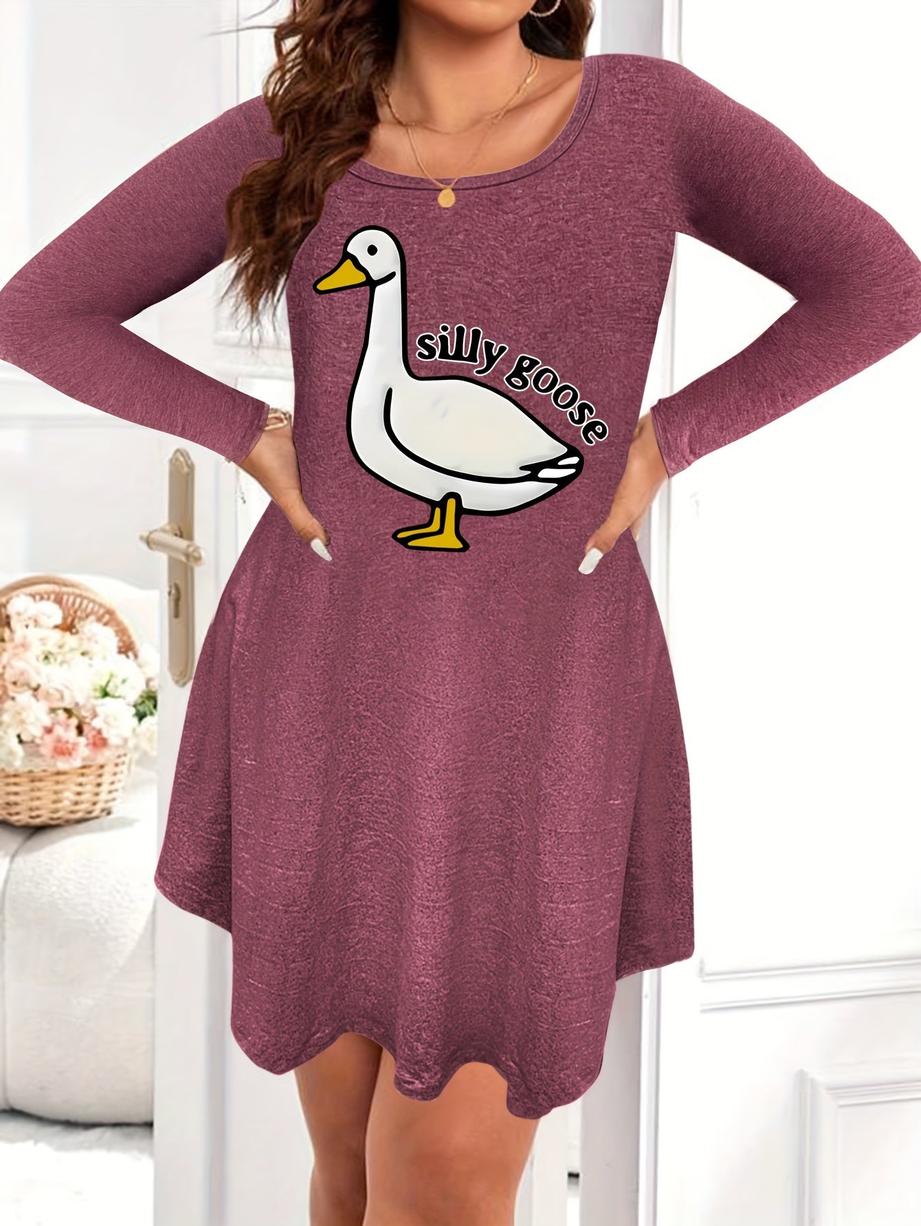 Nightdress Women's Plus Goose & Letter Print Long Sleeve Tee