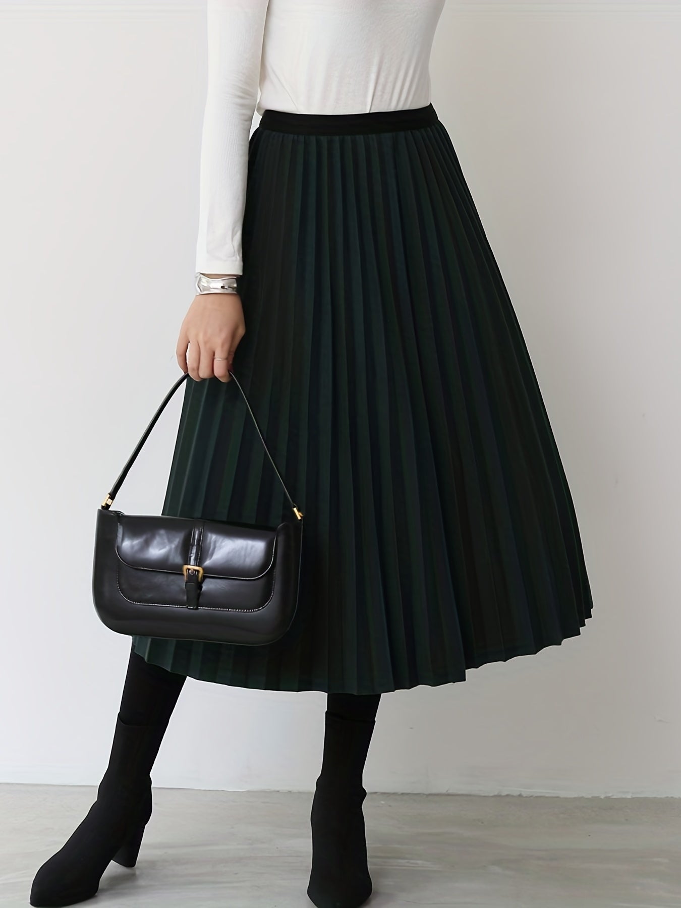 Elastic Waist Pleated Midi Skirt for Women