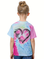 Casual Tie Dye Heart Print Short Sleeve T-shirt Girls Boys Summer Tees