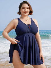 Solid V Neck Cami Dress & Panty Swimsuit Set
