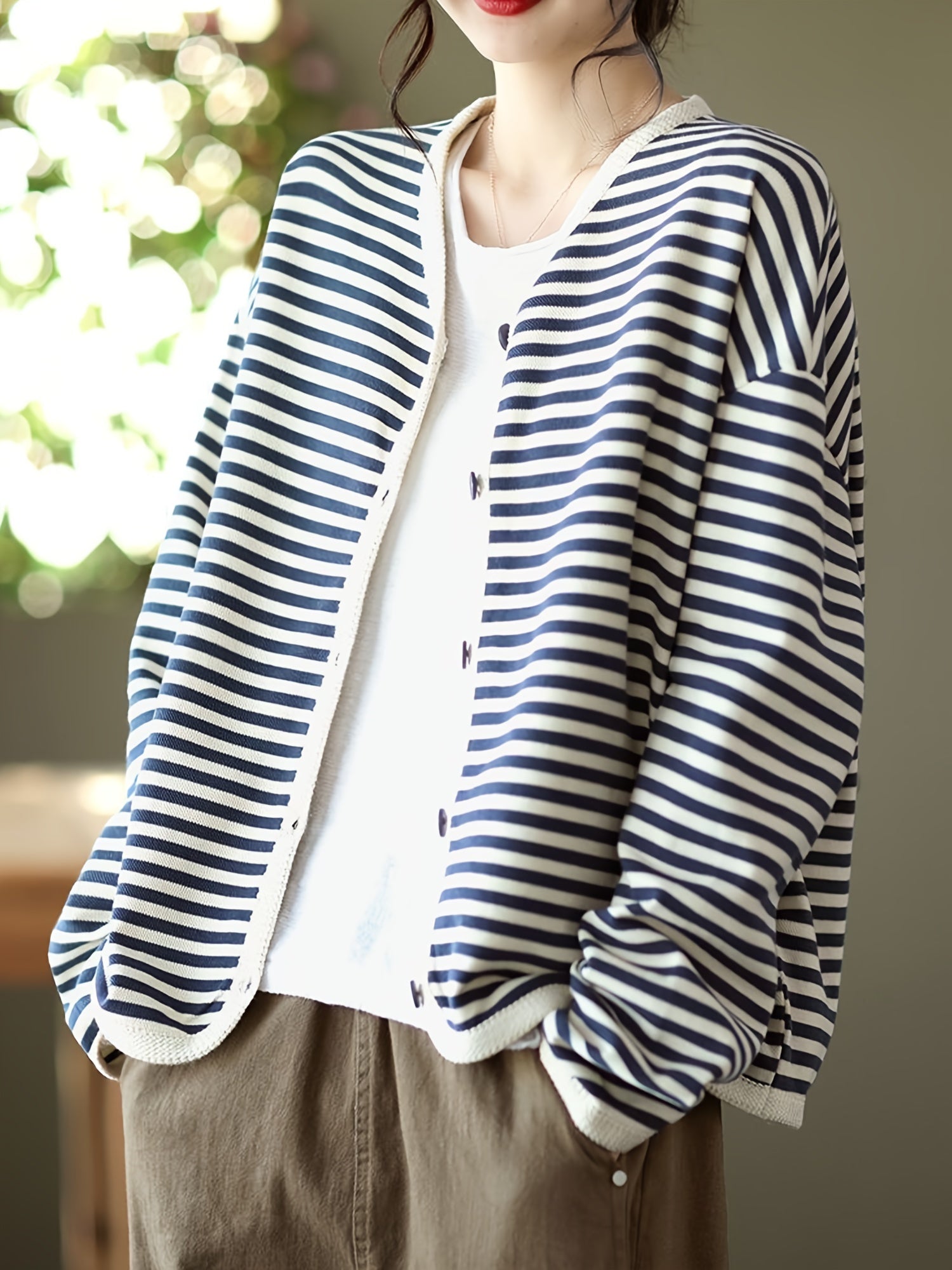 Striped Button Front Jacket V Neck Long Sleeve Outerwear