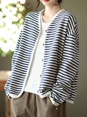 Striped Button Front Jacket V Neck Long Sleeve Outerwear