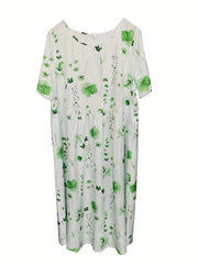 Leaf Print Short Sleeve Maxi Dress With Pockets