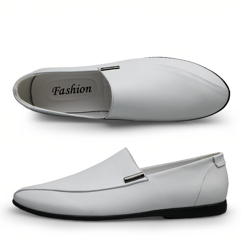 Men's Leather Loafer Shoes Lightweight Rubber Sole Slip On Flat Shoes