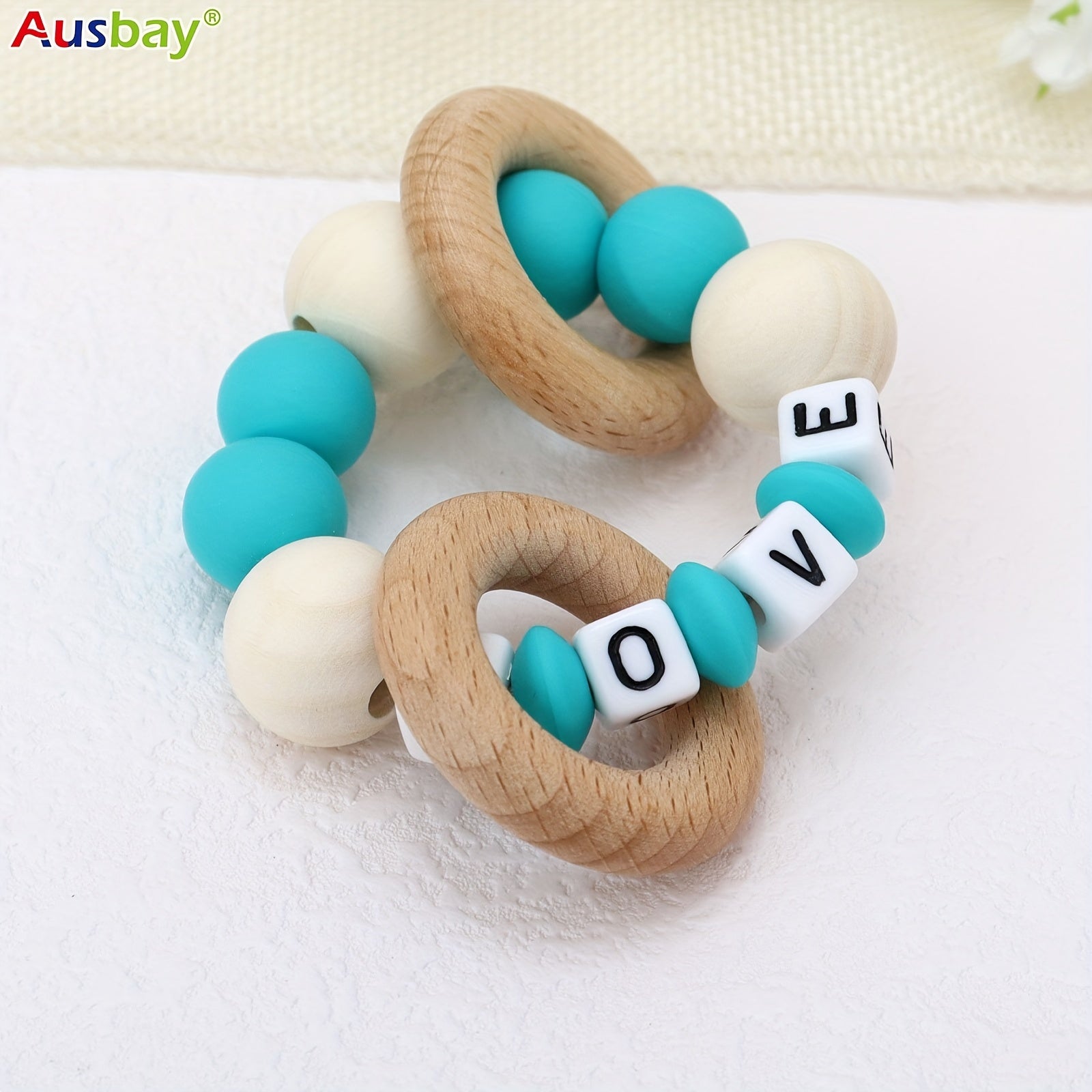 Personalized Wooden Teether Rattle with Silicone Beads