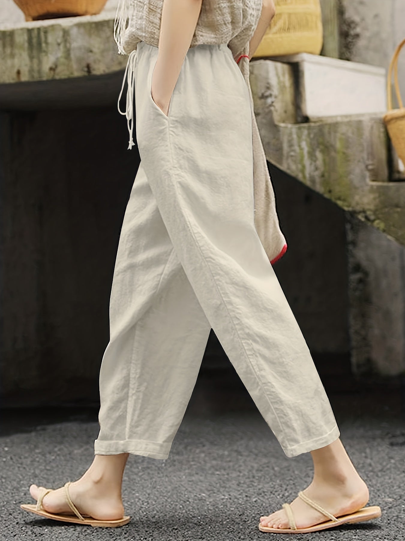 Solid Drawstring Straight Leg Pants Casual Dual Pockets Pants