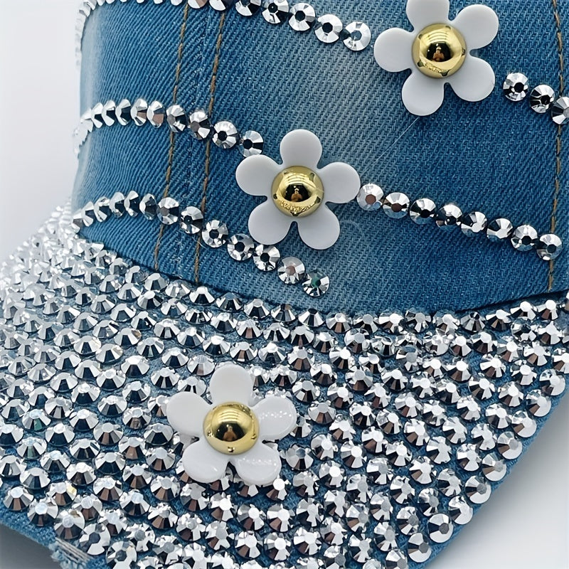 Rhinestone Flower Decor Baseball Cap Washed Distressed Denim Sun Hat