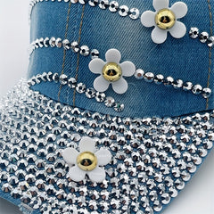 Rhinestone Flower Decor Baseball Cap Washed Distressed Denim Sun Hat