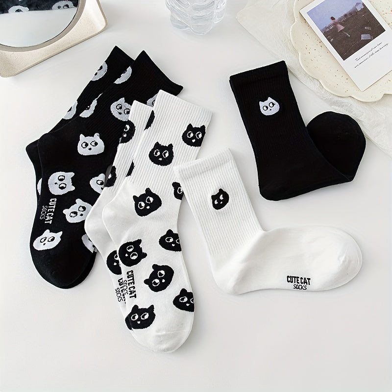 Cartoon Cat Print Socks 2 Pairs Women's Mid Tube Stockings Hosiery