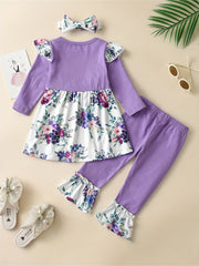 Girls Printed Bow Long Sleeve Top Flared Pants 3pcs Set