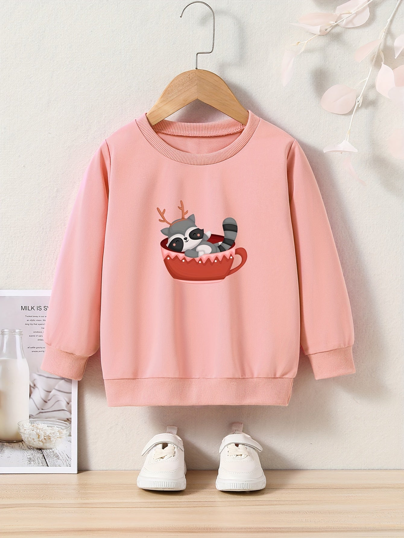 Raccoon Print Sweatshirt Kids Graphic Crew Neck Pullover Sweatshirt