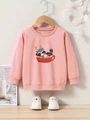 Raccoon Print Sweatshirt Kids Graphic Crew Neck Pullover Sweatshirt