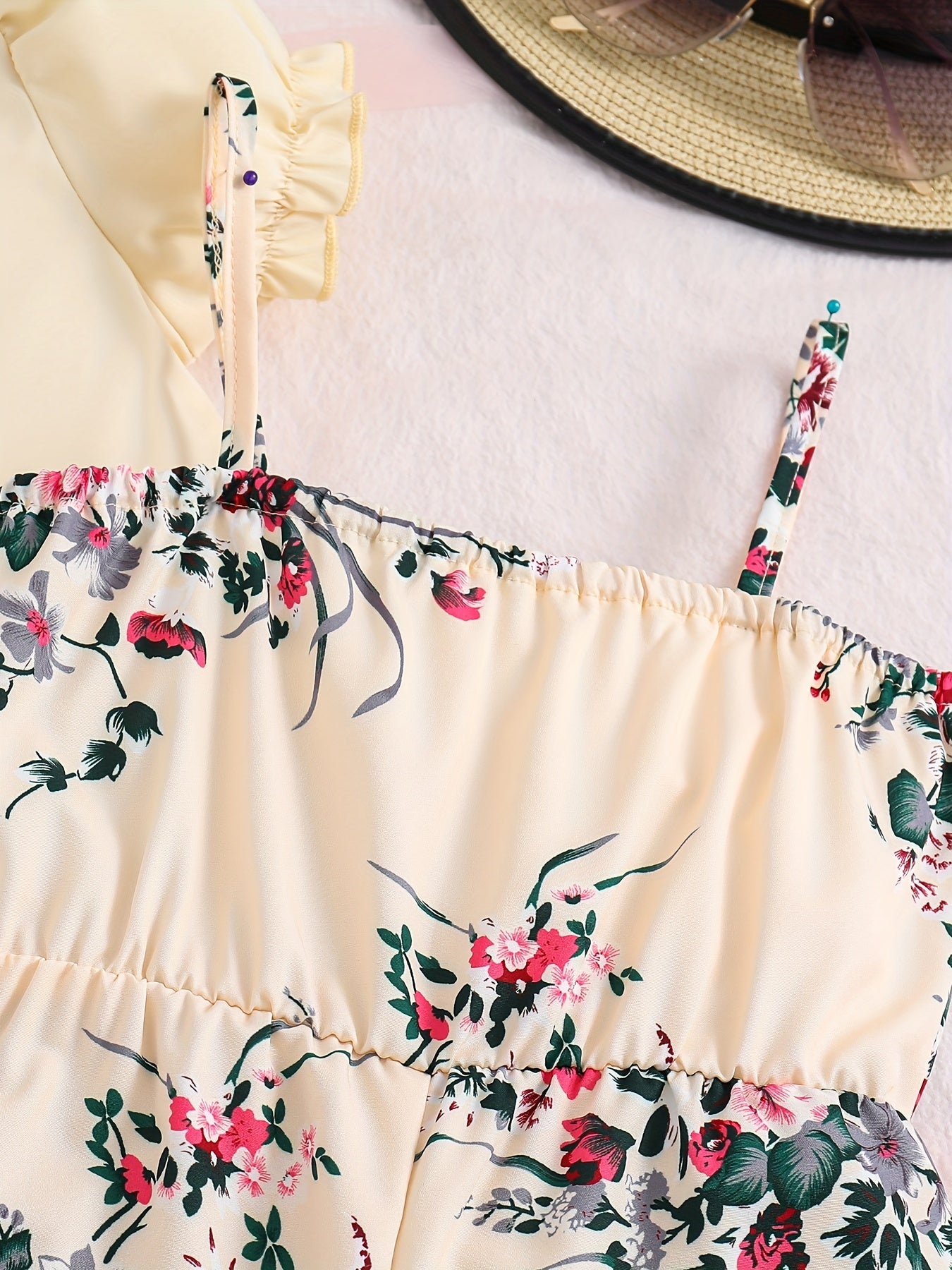 Girls 2pcs Floral Camisole Jumpsuit & Puff Sleeve Coat Set