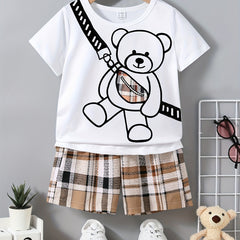 Boy's Bear Graphic Casual Outfit T-Shirt & Plaid Shorts Summer Clothes