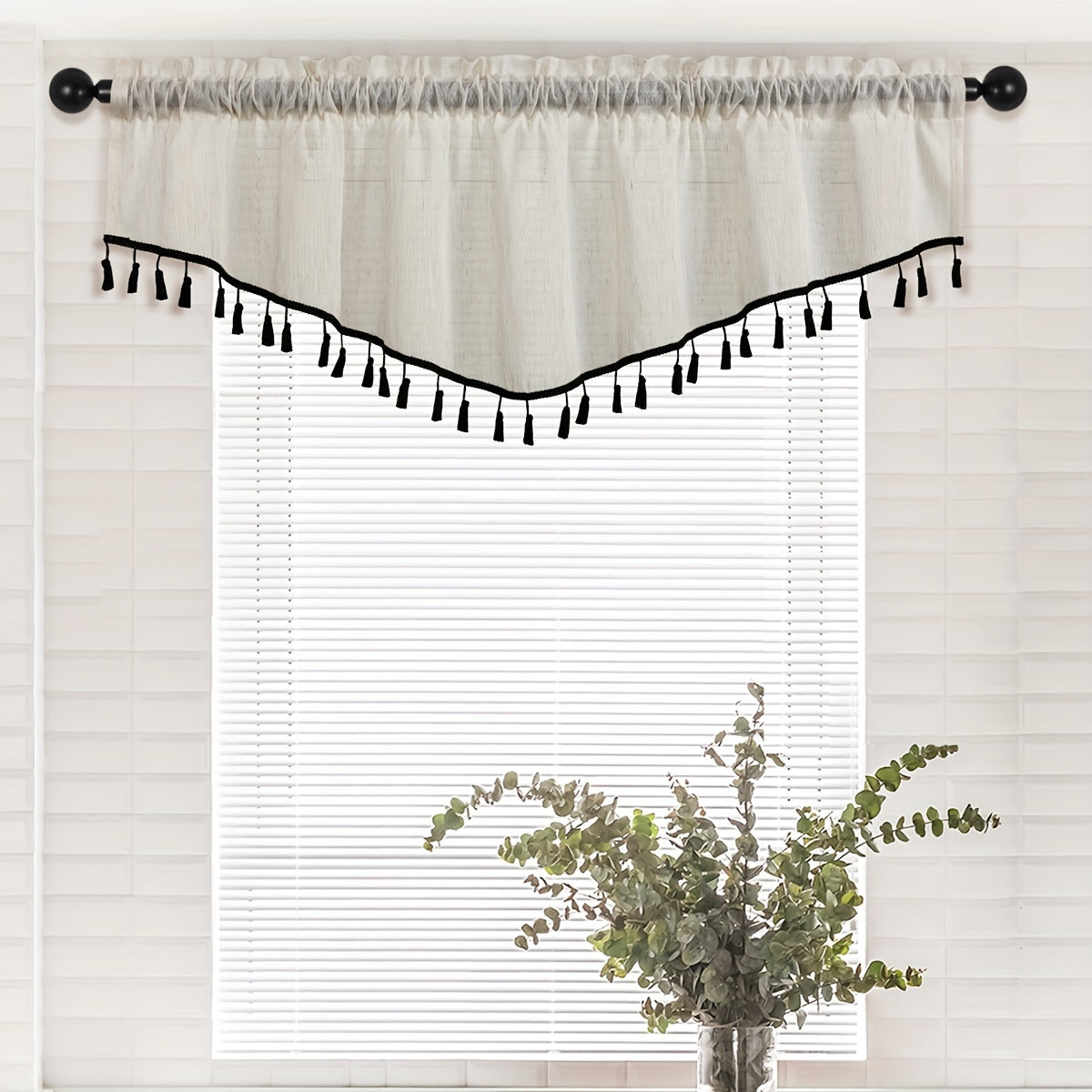 Japanese Linen Short Valance Curtain V-shaped with Tassel Rod Pocket