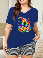 Women's Plus Rainbow & Butterfly Print V Neck Pajama Top