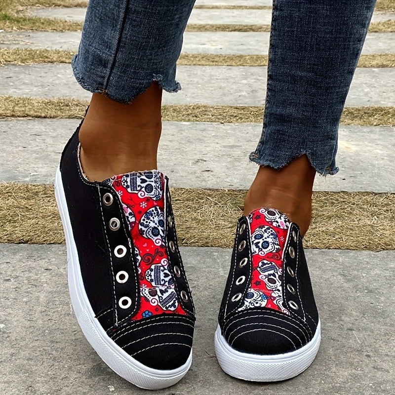 Halloween Skull Pattern Slip On Skate Shoes Lightweight Canvas Sneakers