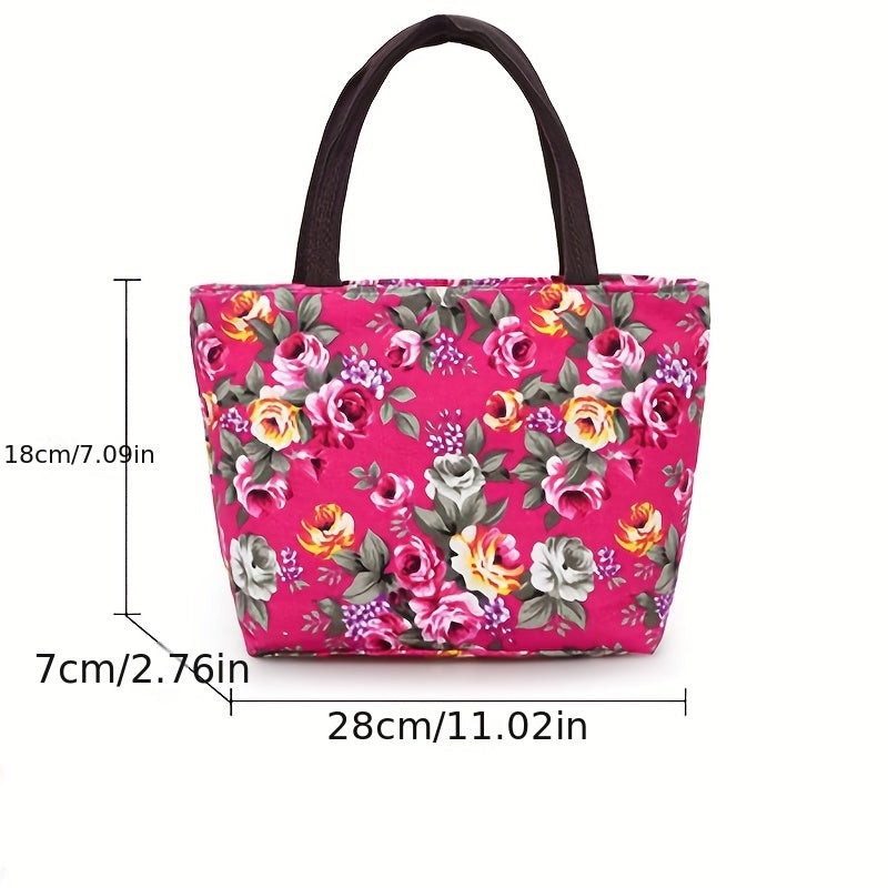Rose Flower Pattern Handbag Canvas Tote Bag For Shopping & Travel
