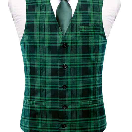 Plaid V Neck Waistcoat Men's Retro Style Single Breasted Vest