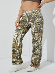 Retro Jeans Women's Plus Leaf Print Cargo Denim Pants