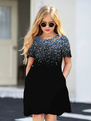 Girls Sequin Print Short Sleeve Dress for Summer