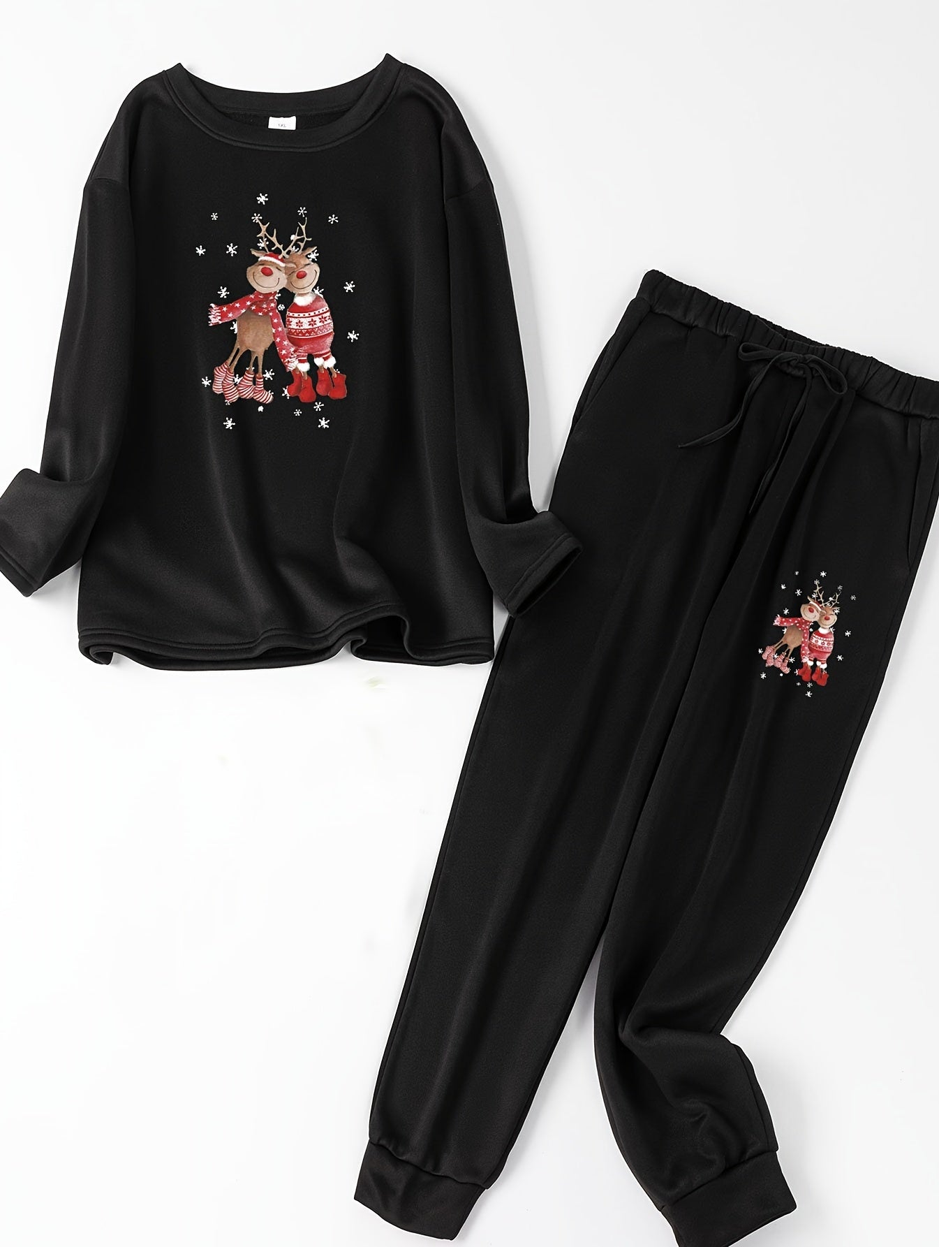 Elk & Snowflake Print Fleece Top & Joggers Pajamas Set
