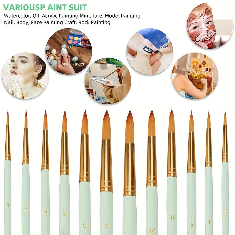 12Pcs Artist Paint Brushes Set - Round Pointed Tip Nylon Hair