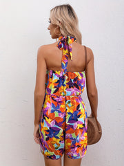 Floral Print Halter Neck Romper Jumpsuit Women's Clothing