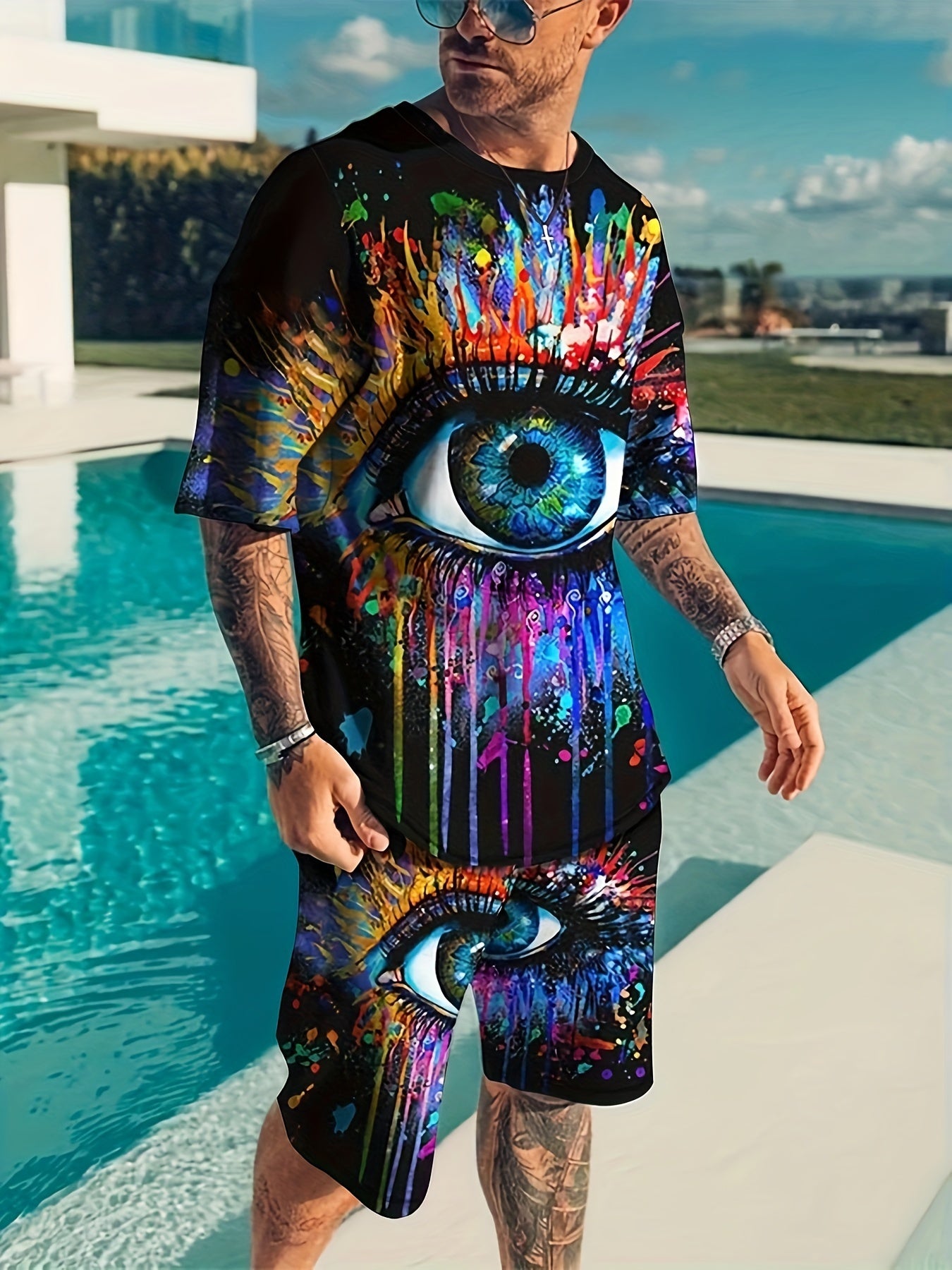 Colorful Eye 3d Pattern Men's 2 Piece Outfit Summer Set