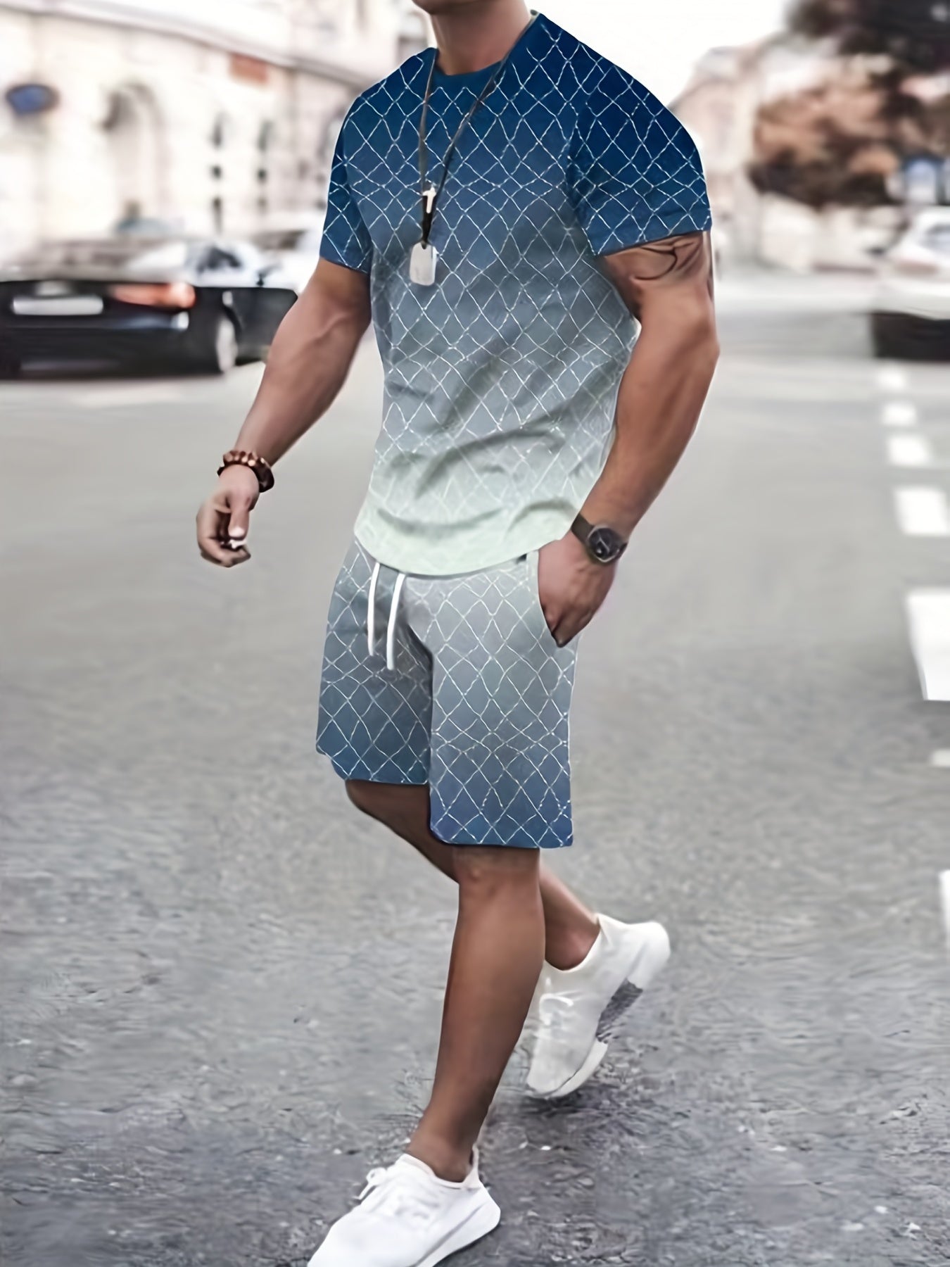 Ombre Diamond Pattern Print Men's 2Pcs Outfits