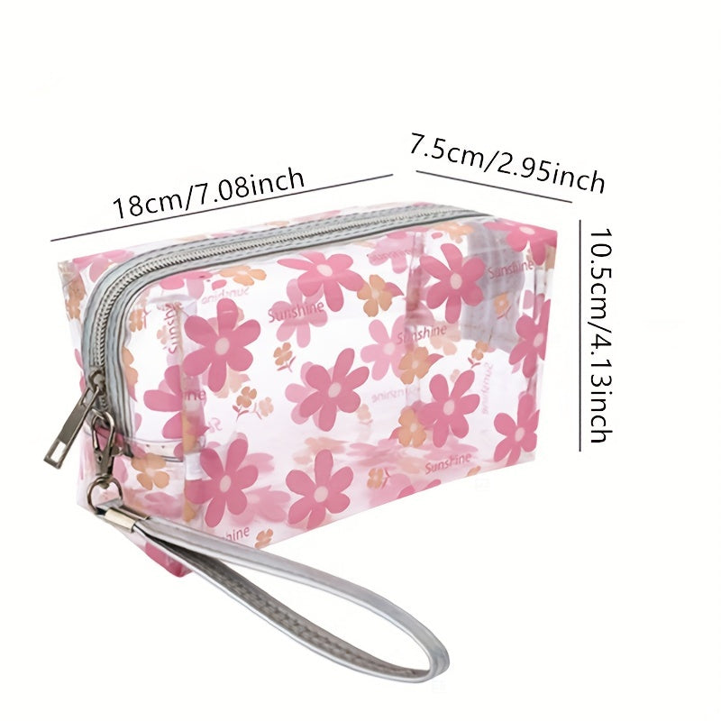 Floral Pattern PVC Makeup Bag Clear Cosmetic Bag With Wrist Strap