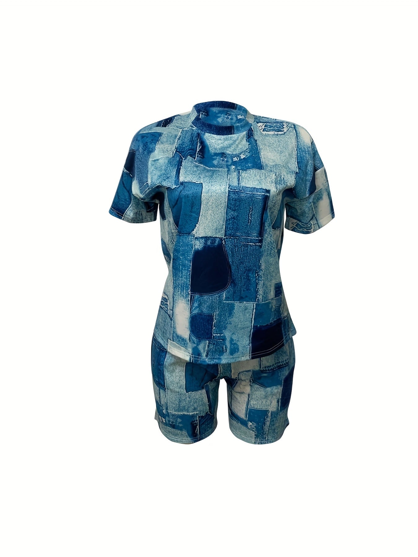 Women's Plus Denim Print Tee & Shorts 2pcs Set