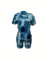 Women's Plus Denim Print Tee & Shorts 2pcs Set