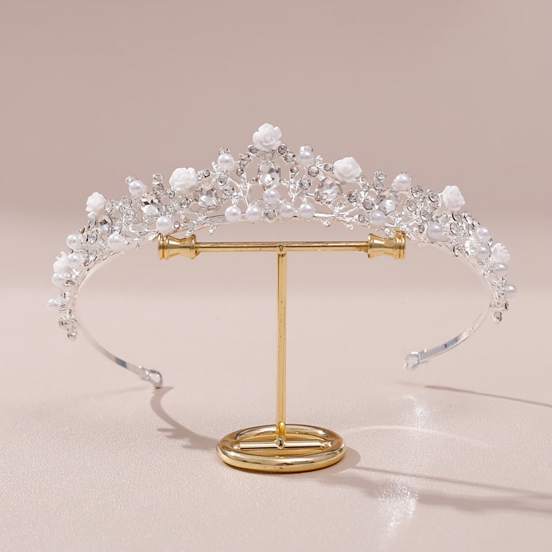 Silvery Rhinestone Faux Pearl Headband Flower Head Hoop Bridal