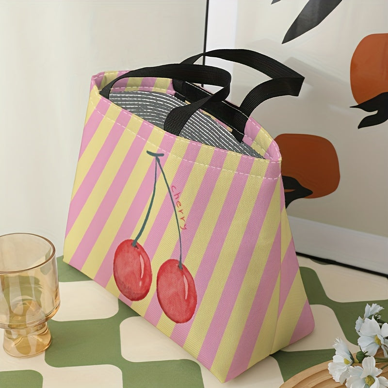 Striped Cherry Printed Lunch Bag Large Capacity Waterproof Insulated Bag