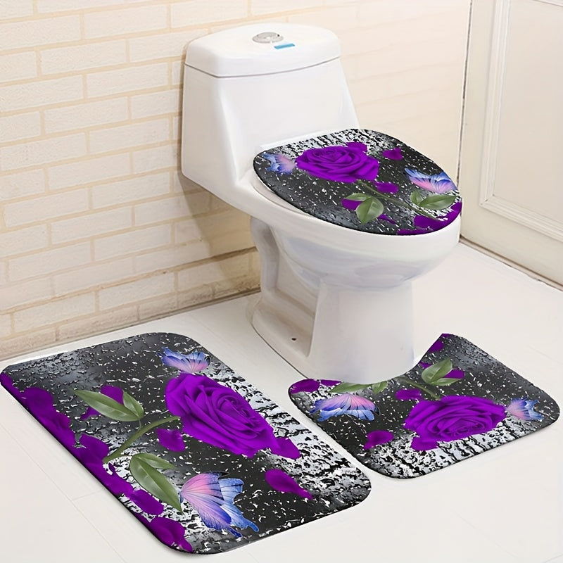 4pcs Purple Rose Pattern Waterproof Shower Curtain Set
