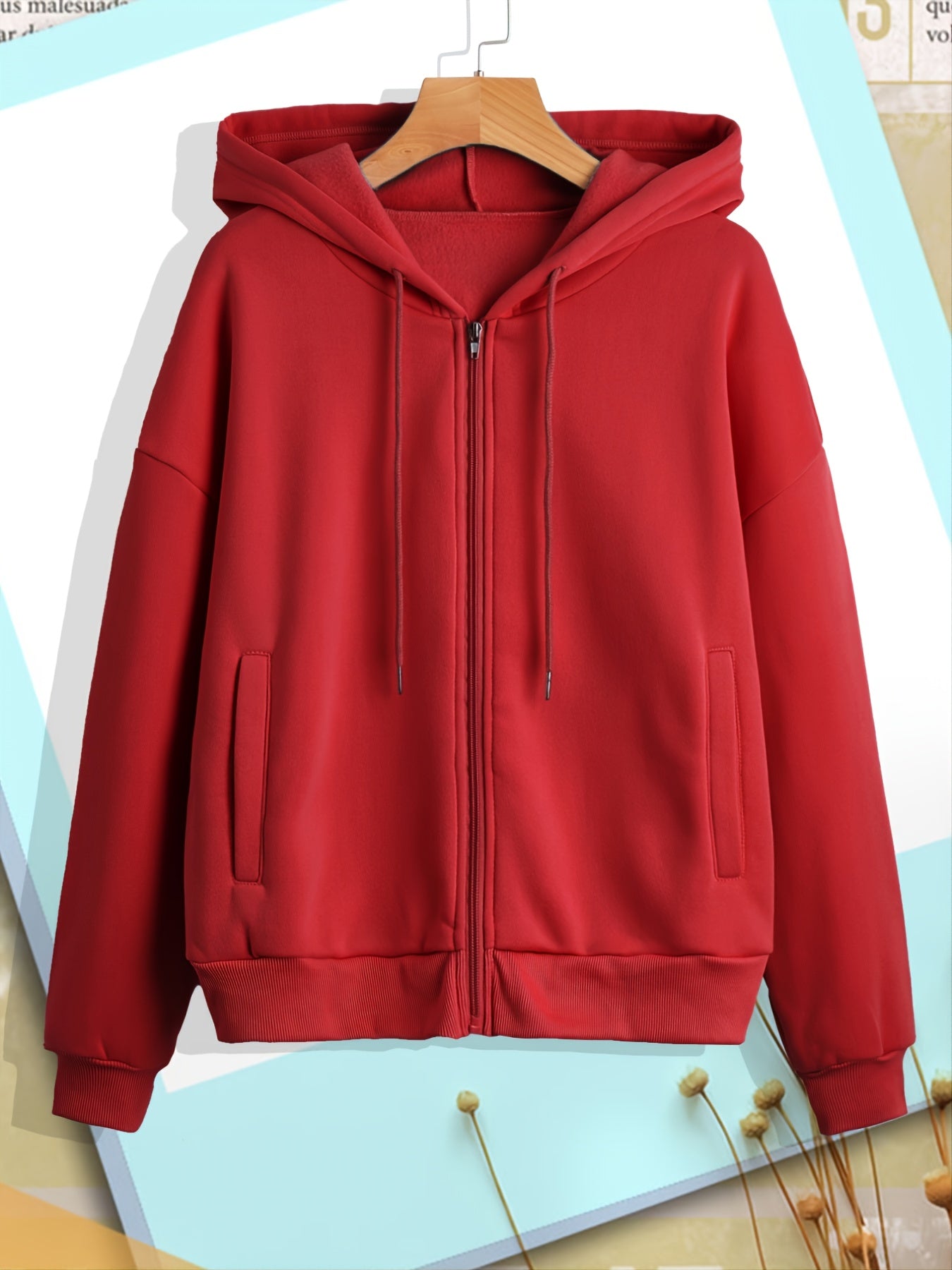 Solid Zip Up Hoodie With Pocket Drawstring Long Sleeves Active Hooded Sweatshirt