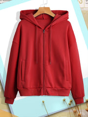 Solid Zip Up Hoodie With Pocket Drawstring Long Sleeves Active Hooded Sweatshirt