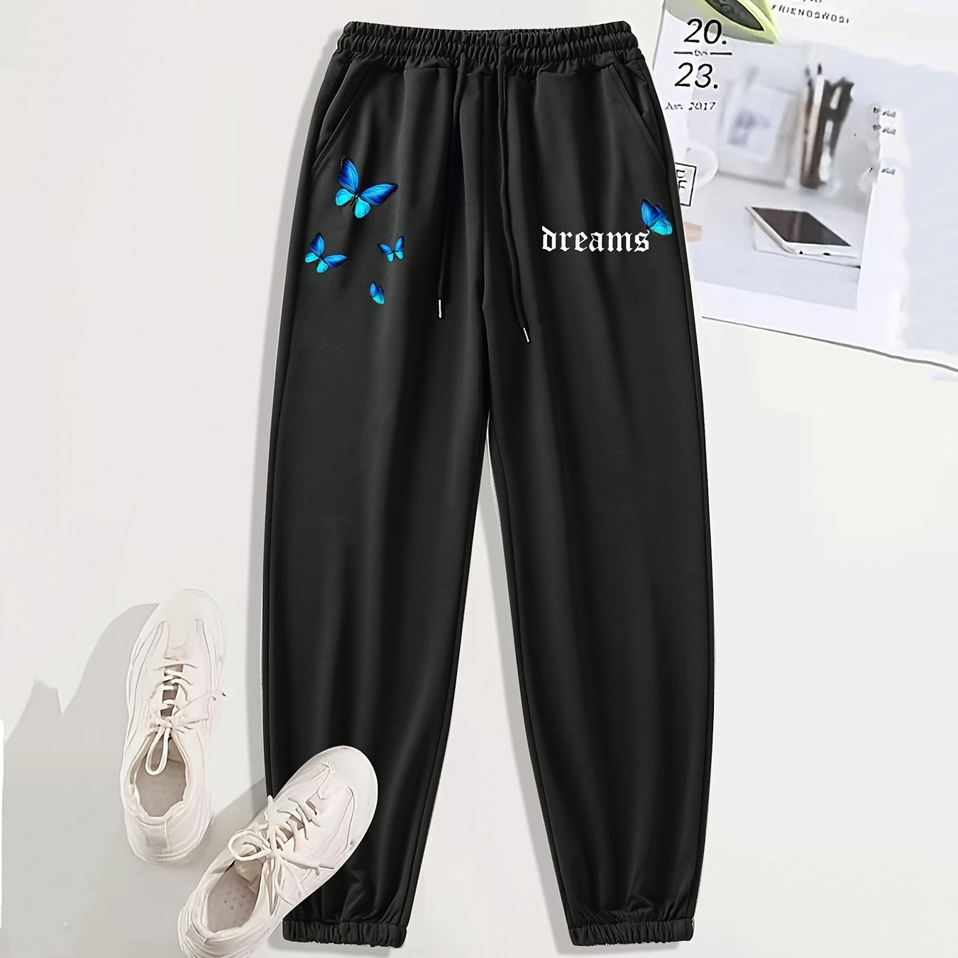 Butterfly Print Casual Sports Pants with Side Pockets