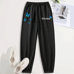 Butterfly Print Casual Sports Pants with Side Pockets